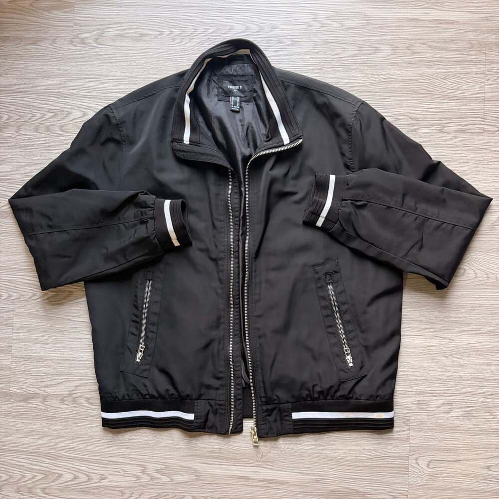 Forever 21 Men Bomber Jacket Size XL Black White Striped Trim Zip Up
